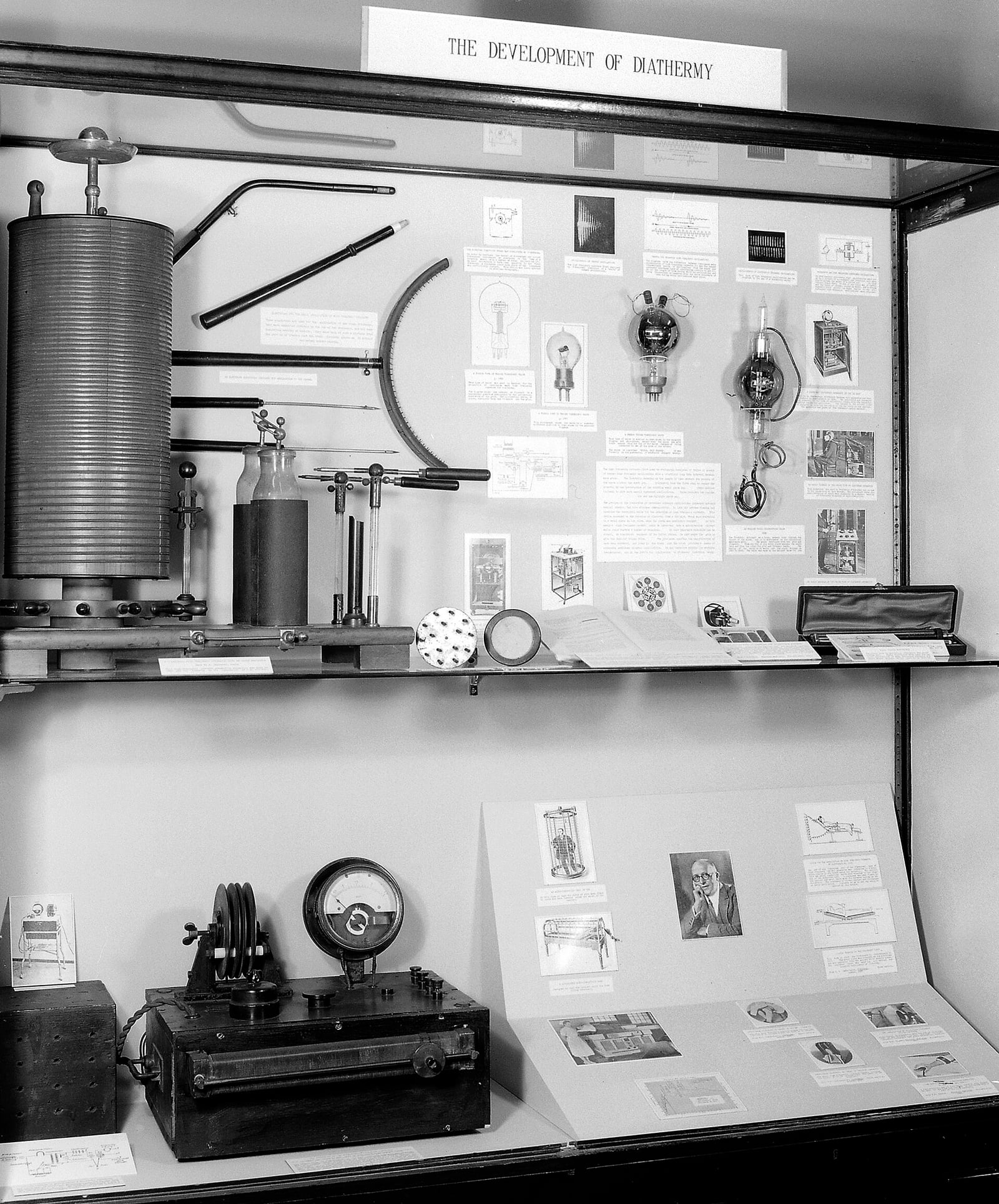Figure 5 — "The Development of Diathermy," laid out as a museum sequence — coils, electrodes, applicators and instrument panels across several generations. Seen together, the lineage from spark-gap to valve t…