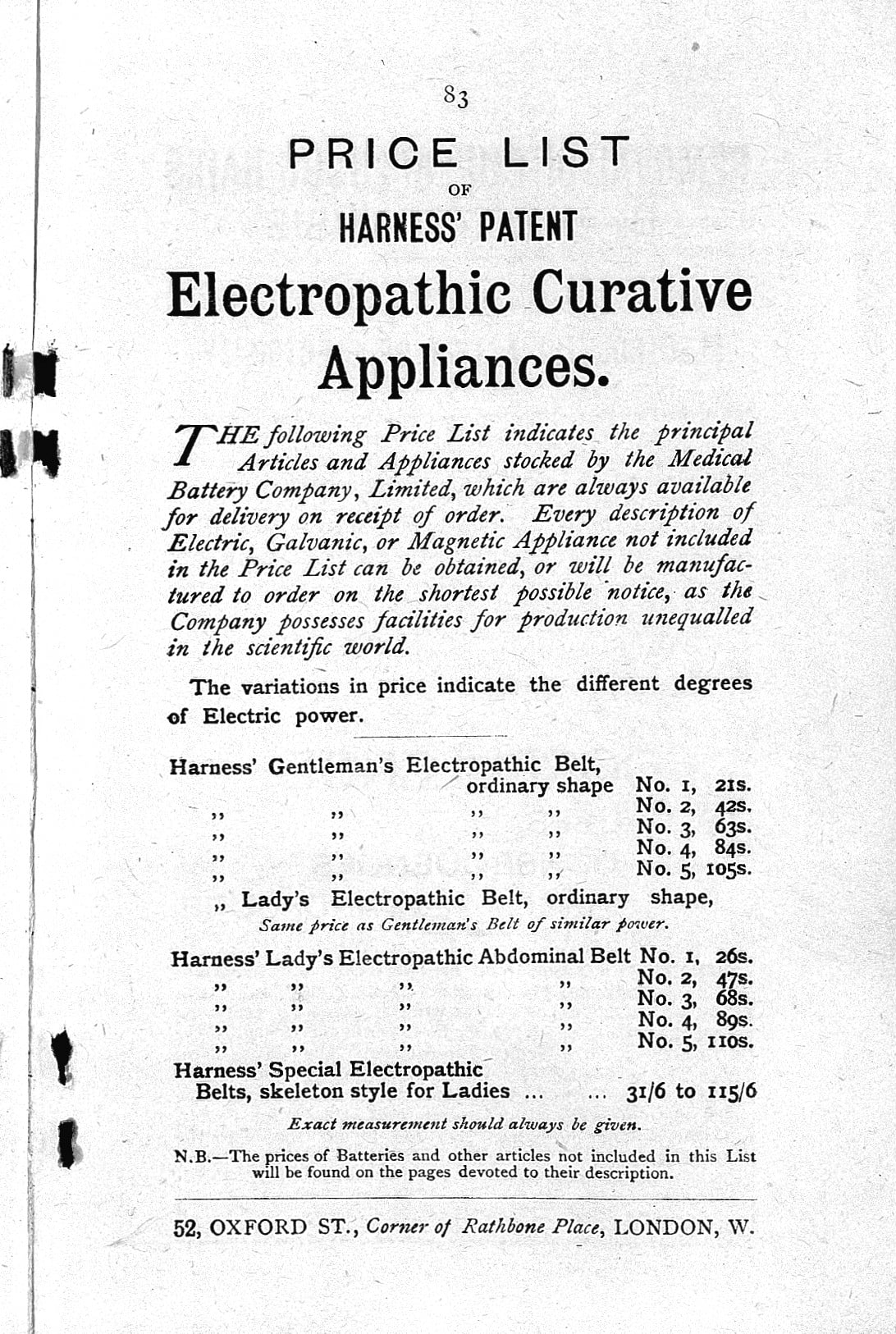 Figure 5 — The business end of the trade: the price list for Harness' Patent Electropathic Curative Appliances, stocked by the Medical Battery Company of 52 Oxford Street. Gentleman's belts 21s to 105s, ladie…