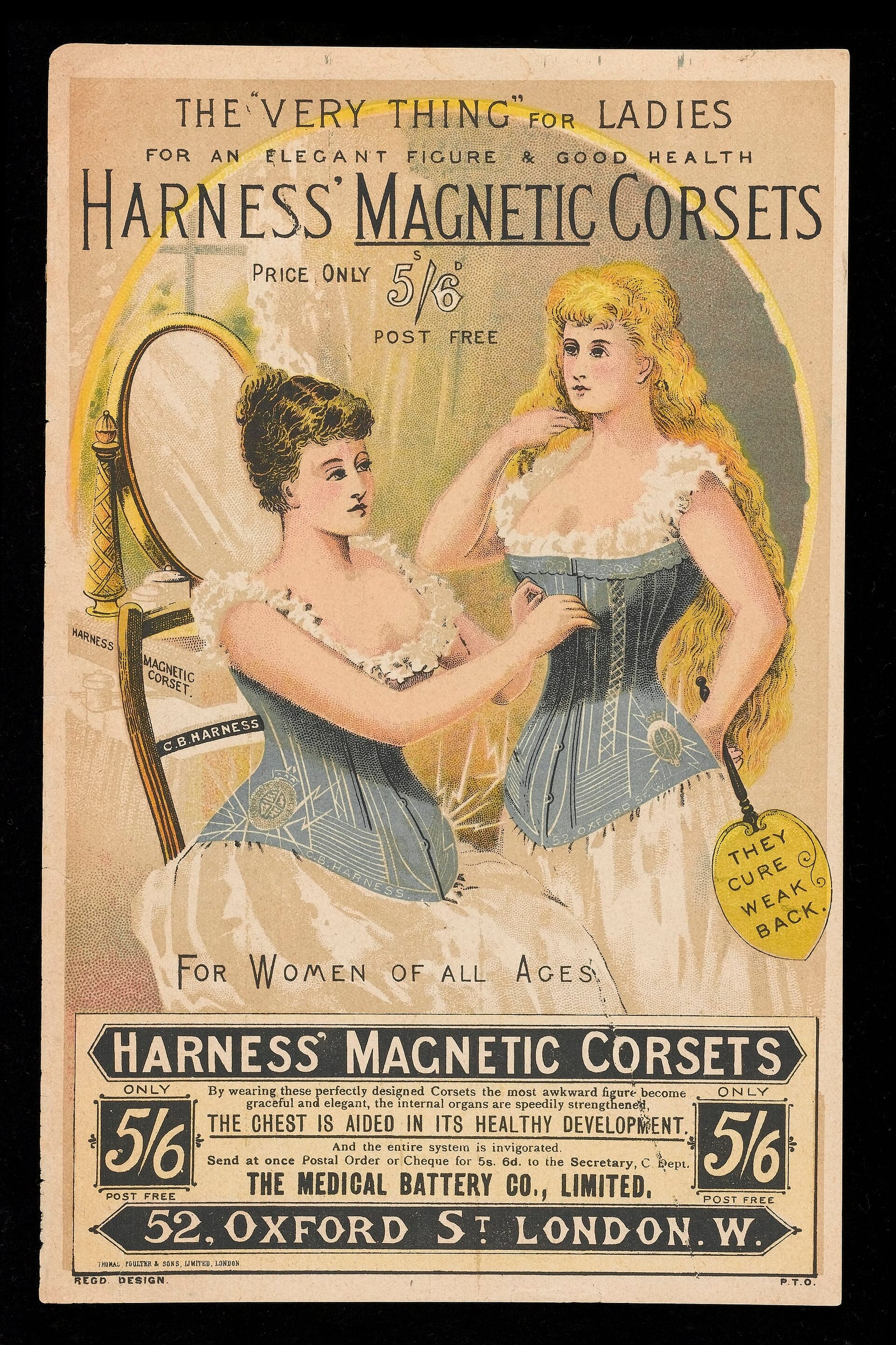 Figure 2 — Not Dr. Scott's but its direct competitor: "The 'Very Thing' for Ladies — Harness' Magnetic Corsets, price only 5/6 post free… For Women of all Ages," from the Medical Battery Co. of 52 Oxford Stre…