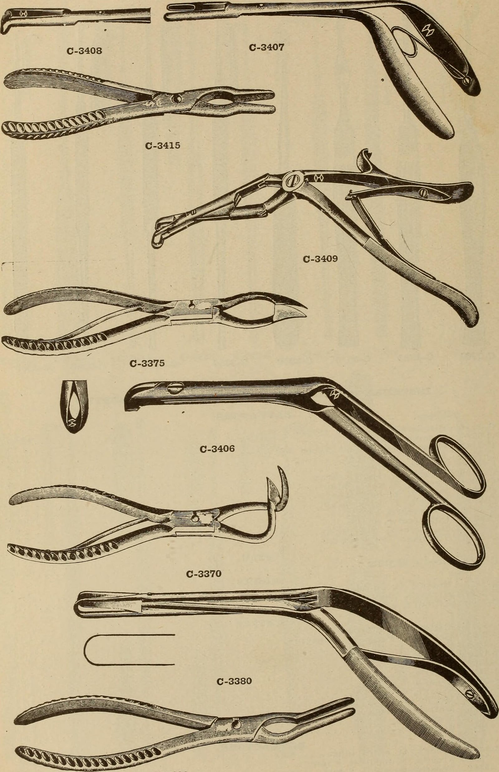 Figure 5 — A trade-catalog plate of 1917: forceps, each engraved, numbered and priced. The catalog number is the point — it made "a C-3609" an unambiguous order on both sides of the transaction, and it is sti…